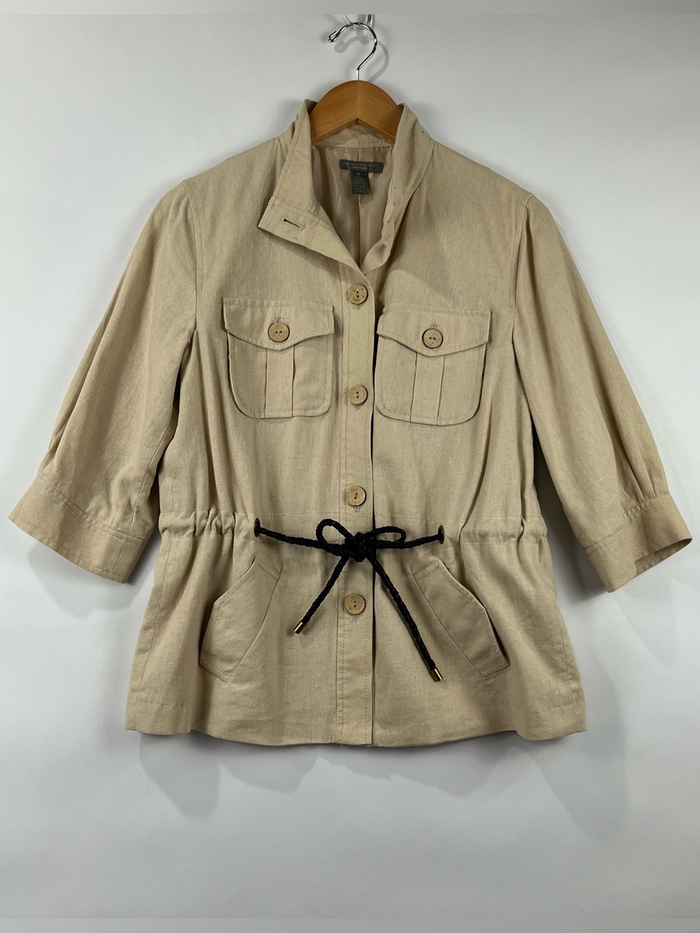 Investments Linen Blend Safari Utility Jacket Adjustable Waist Pockets 6